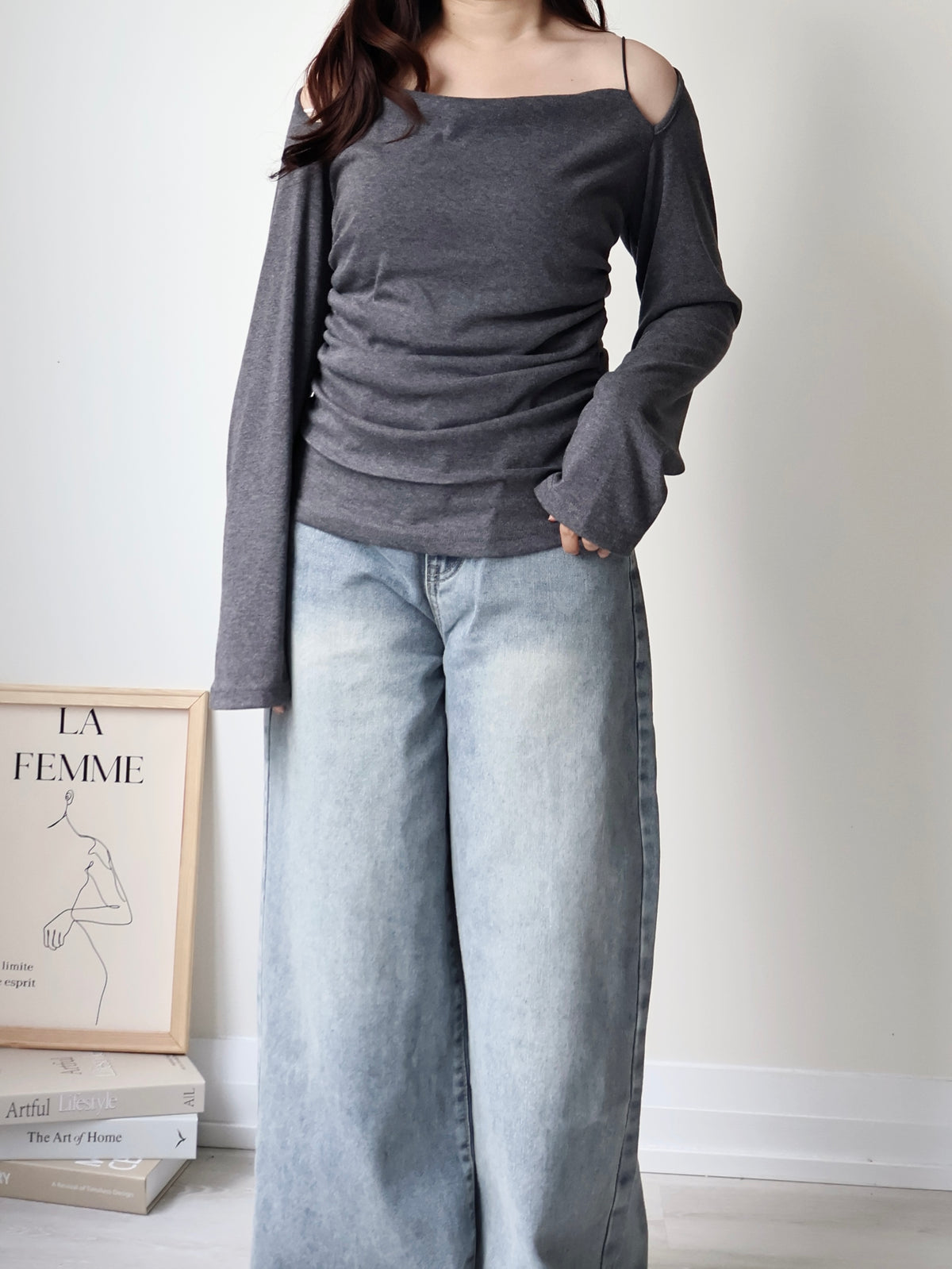 2-Way Draped Neck Strap Off-Shoulder Top(Charcoal)