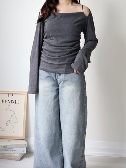 2-Way Draped Neck Strap Off-Shoulder Top(Charcoal)