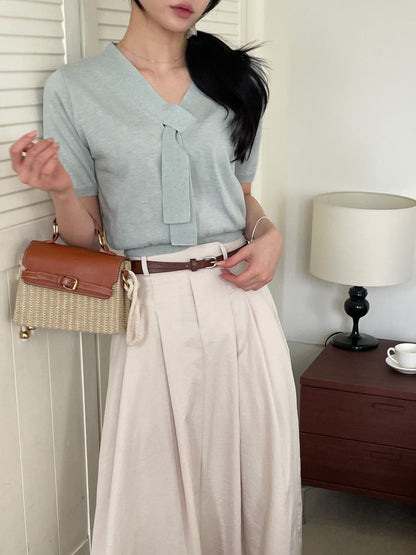 Lovely V-Neck Tie Linen Knit Top(4 Colors)
