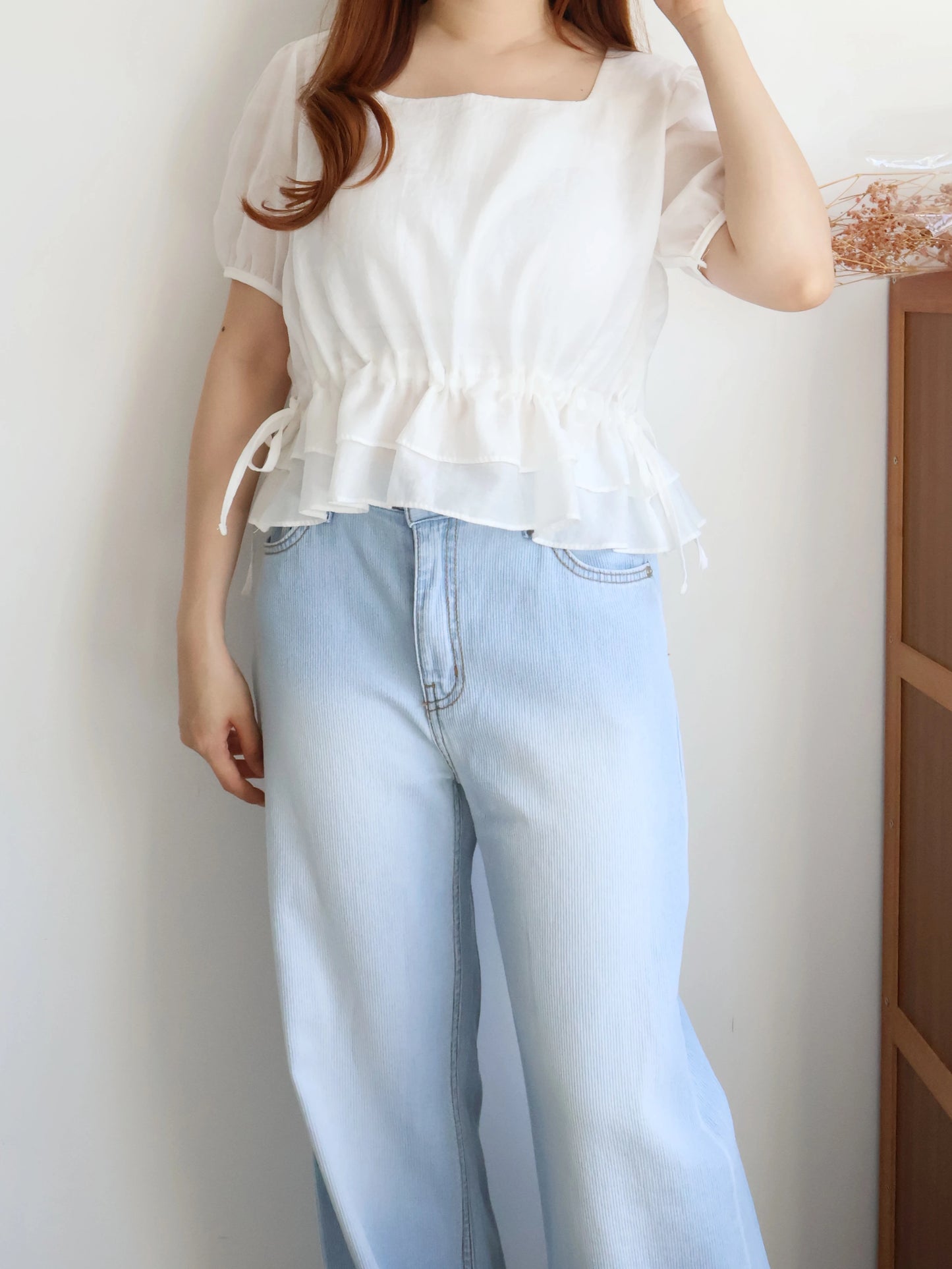 Airy Square-Neck Cinched Chiffon Blouse(Ivory)