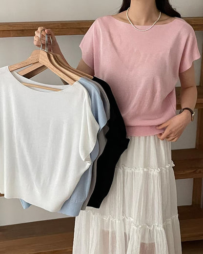 Slouchy Boat-Neck Lightweight Knit Top(5 colors)