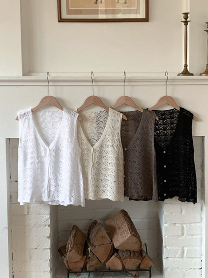 Leaf Hollow Knit Vest Cardigan(4 colors)