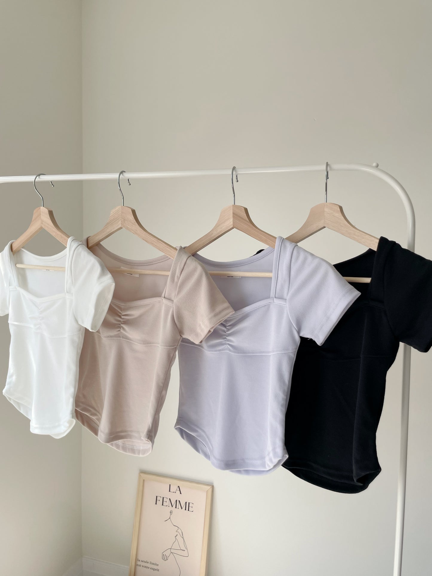Ruched Square-Neck Slimming Tee(Beige)