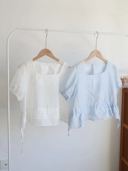 Airy Square-Neck Cinched Chiffon Blouse(Sky blue)