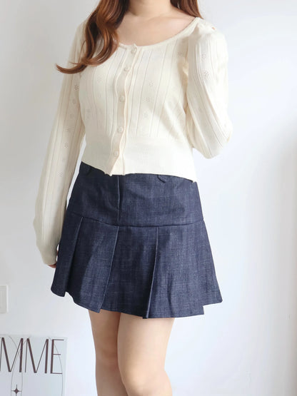 Soft Lace-Trim Eyelet Knit Cardigan(Cream)