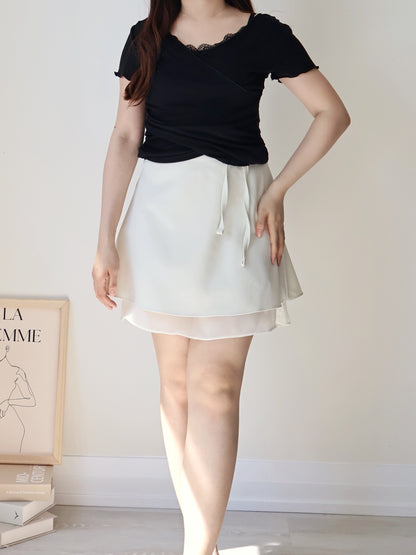 Elegant Lace Trim Layered Wrap Top(Black)
