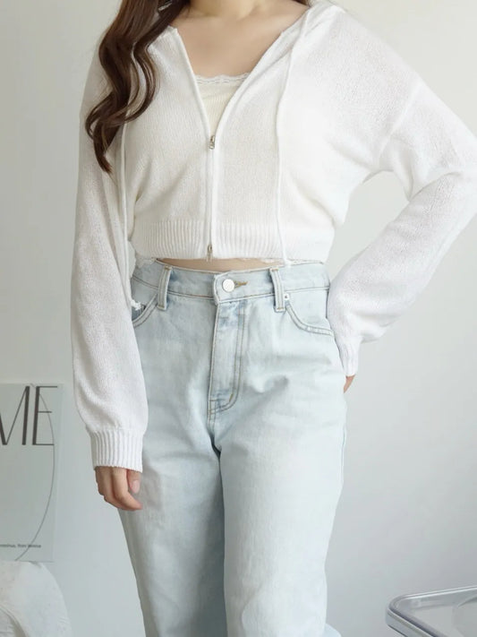 [3-WAYS] Sporty Hooded Zip Knit Cardigan(Ivory)