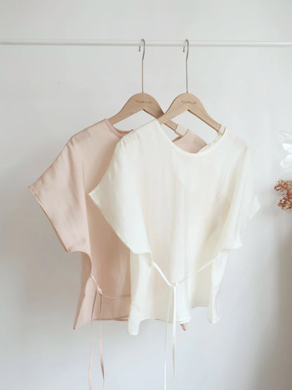 Elegant Tie Detail Flutter-Sleeve Tencel Blouse(Ivory)