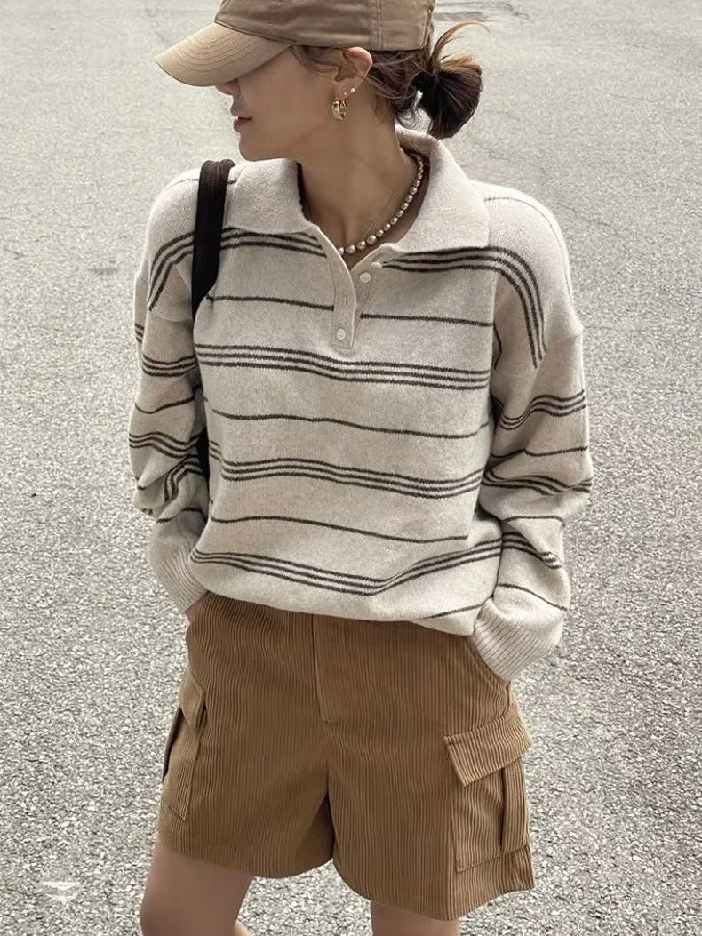 [5% WOOL] Collar Striped Loose Fit Sweater (4 colors)