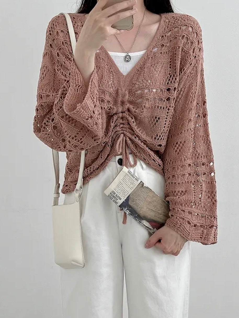 Relaxed V-Neck Drawstring Pointelle Knit Top(5 colors)