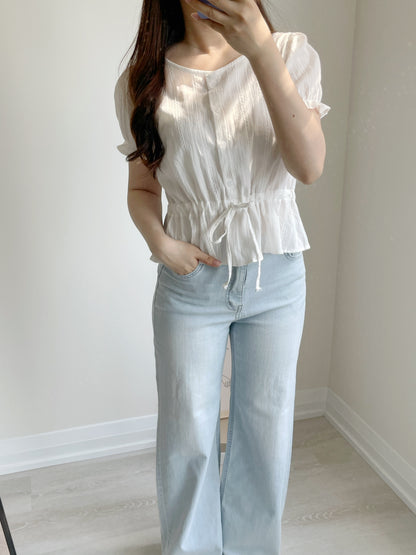 Frenchy Jacquard Cinched-Waist Cotton Blouse(2 Colors)
