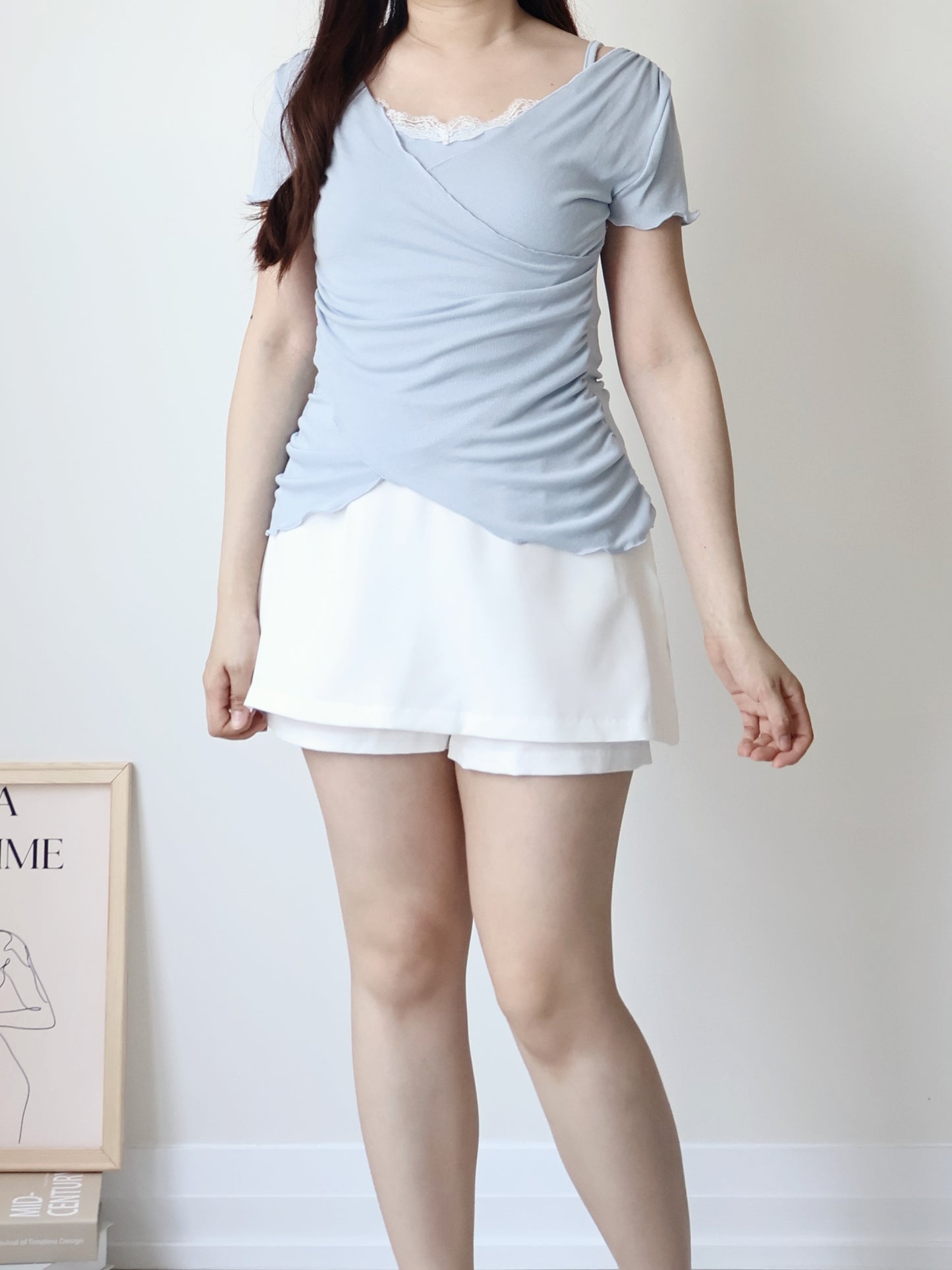 Elegant Lace Trim Layered Wrap Top(Skyblue)
