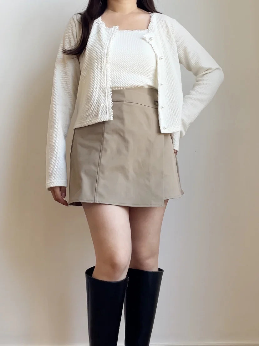 Elegant Pearl Button Lace Trim Two-Piece Set(Ivory)