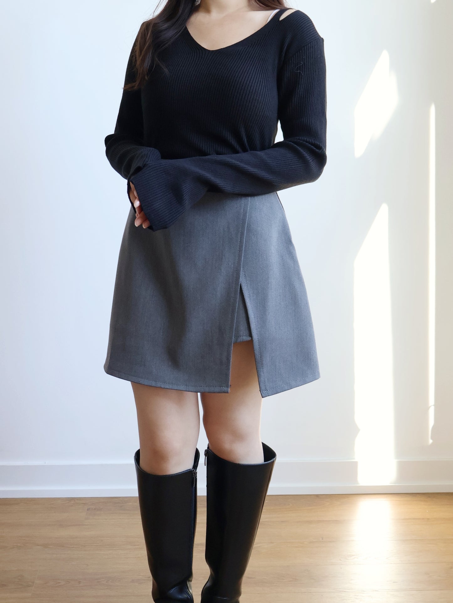 V-neck High-elastic Knit Top(Black)