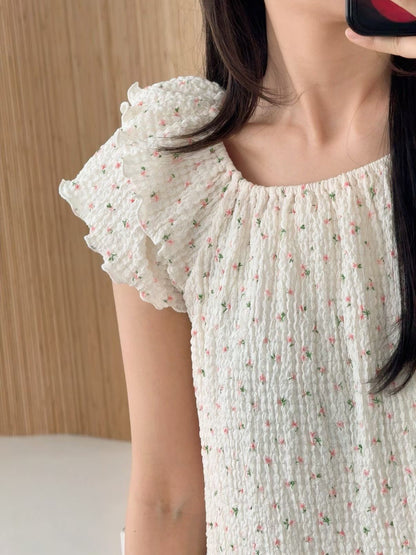 [Wrinkle-Free] 2-Way Flutter Sleeve Floral Blouse(2 Colors)