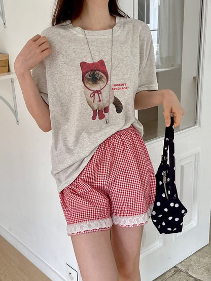Oversized 50% Cute Cat Graphic Cotton T-Shirt(3 Colors)