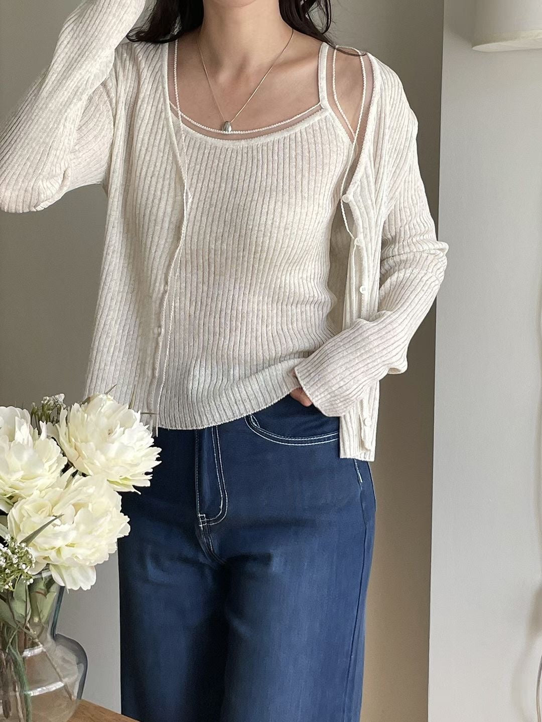 Dreamy Sheer-Panel Cami & Cardigan Two-Piece Set(4 colors)