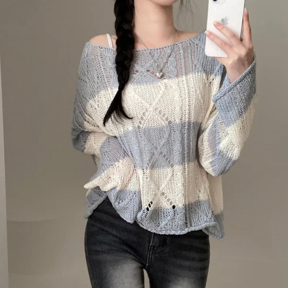 Soft Cable-Knit Colour-Block Top(Skyblue)