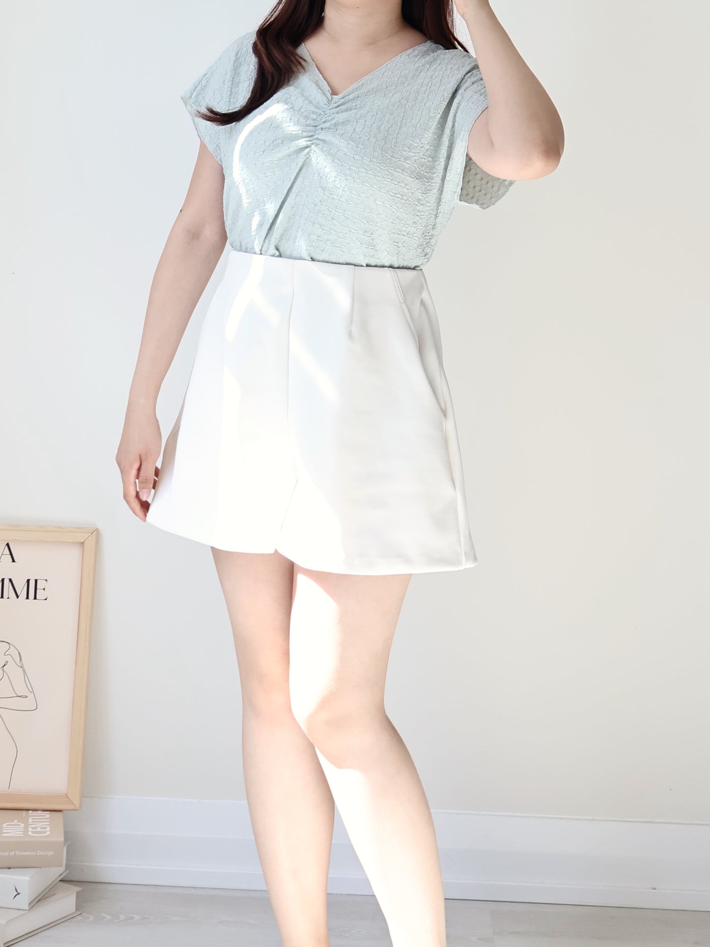 [Wrinkle-Free] V-Neck Waffle Arm-Concealing Top(Mint)