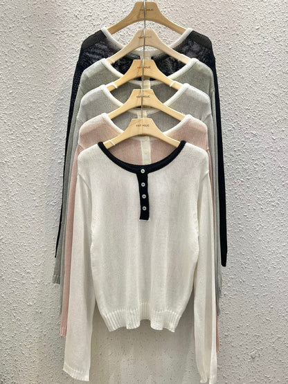 Soft Colour-Block Henley Knit Top(5 colors)