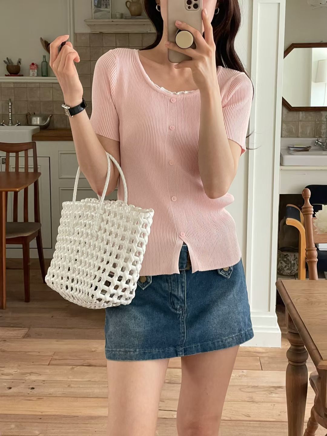 Romantic Lettuce-Trim Ribbed Knit Top(4 colors)