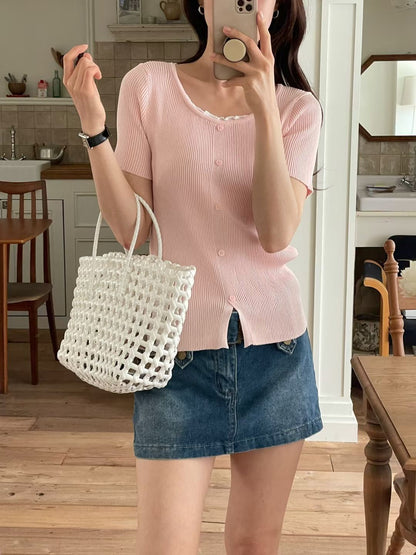 Romantic Lettuce-Trim Ribbed Knit Top(4 colors)