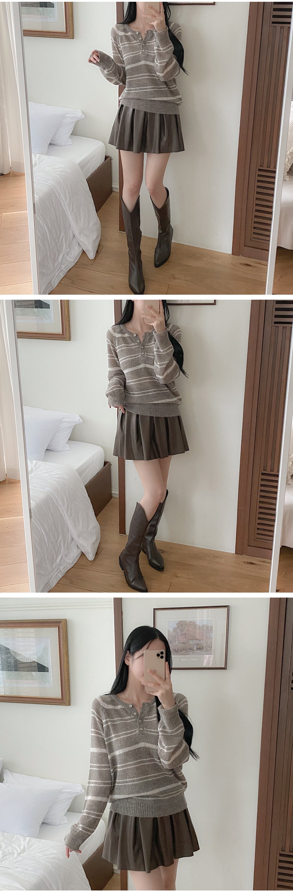 Button-Neck Relaxed Fit Striped Sweater(4 colors)