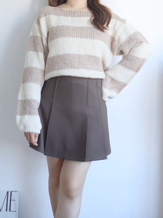 Cozy Striped Crop Crochet Boat Sweater(Light beige)
