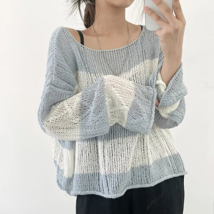 Soft Cable-Knit Colour-Block Top(Skyblue)