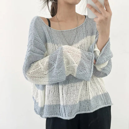 Soft Cable-Knit Colour-Block Top(Skyblue)