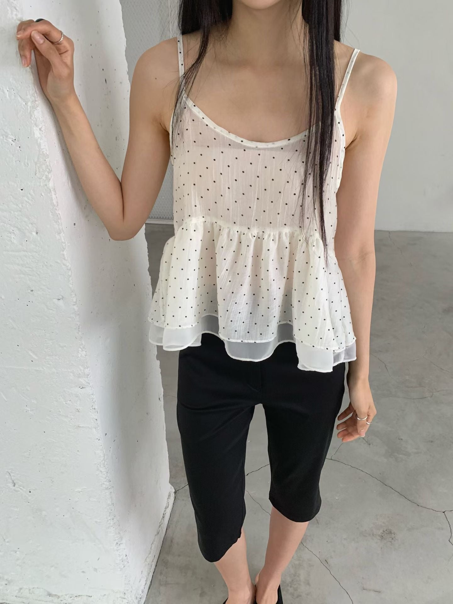 French Polka Dot Sheer Panel Tencel Cami Top(2 colors)