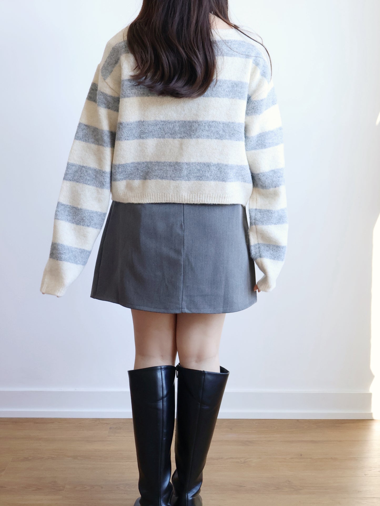 [10% WOOL] Raccoon Striped Cardigan(Light grey)