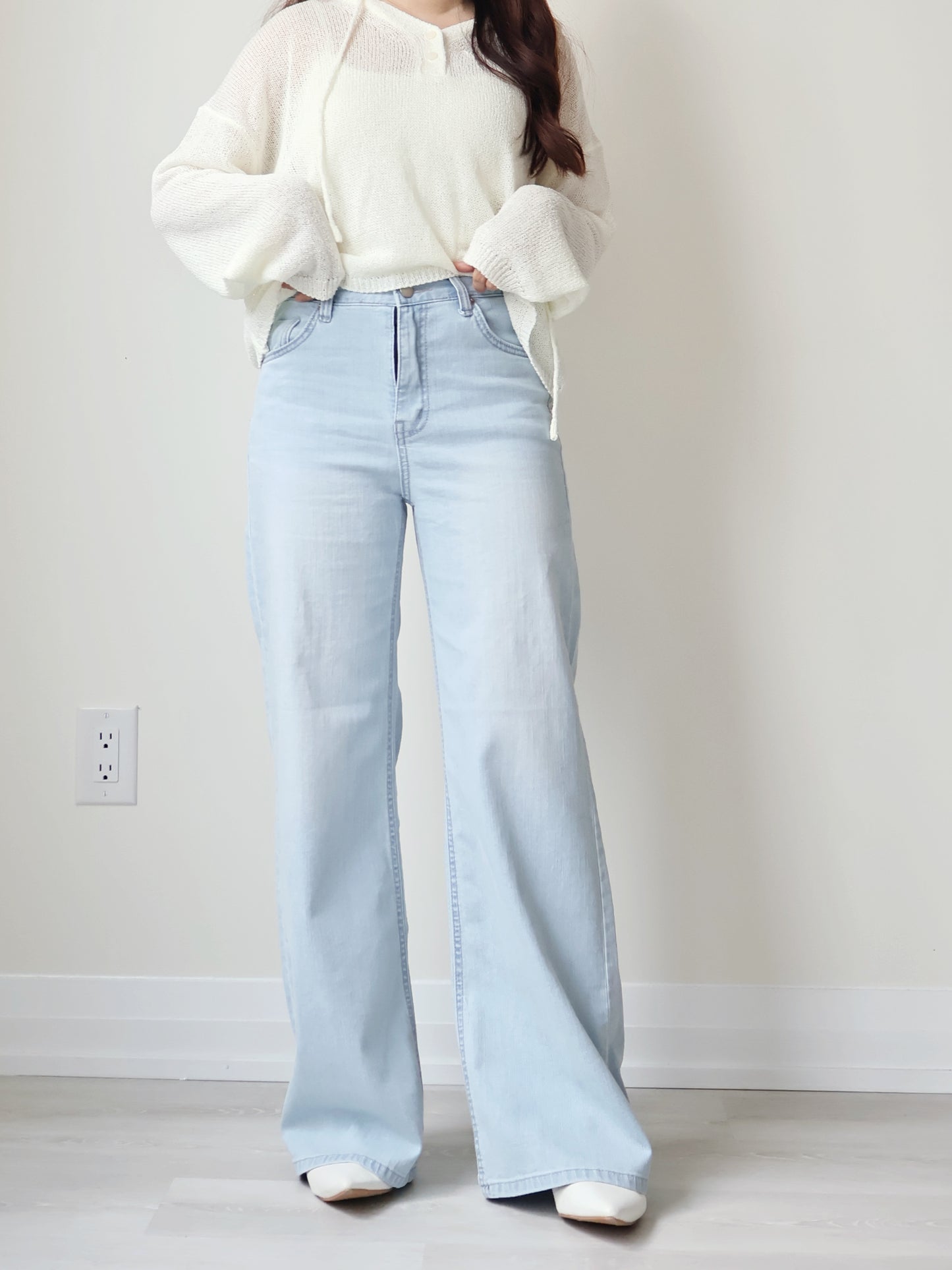 [Half Elastic Waist] Pajama-Soft Lightweight Stretchy Wide-Leg Bootcut Jeans(Light Blue)
