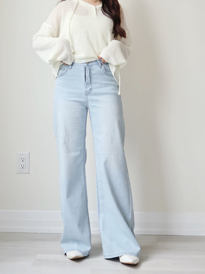 [Half Elastic Waist] Pajama-Soft Lightweight Stretchy Wide-Leg Bootcut Jeans(Light Blue)