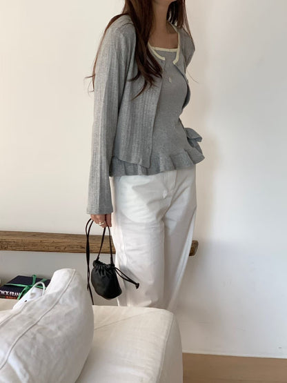 Sweet Piped Jacquard Ruffle 2-Piece Set(4 colors)