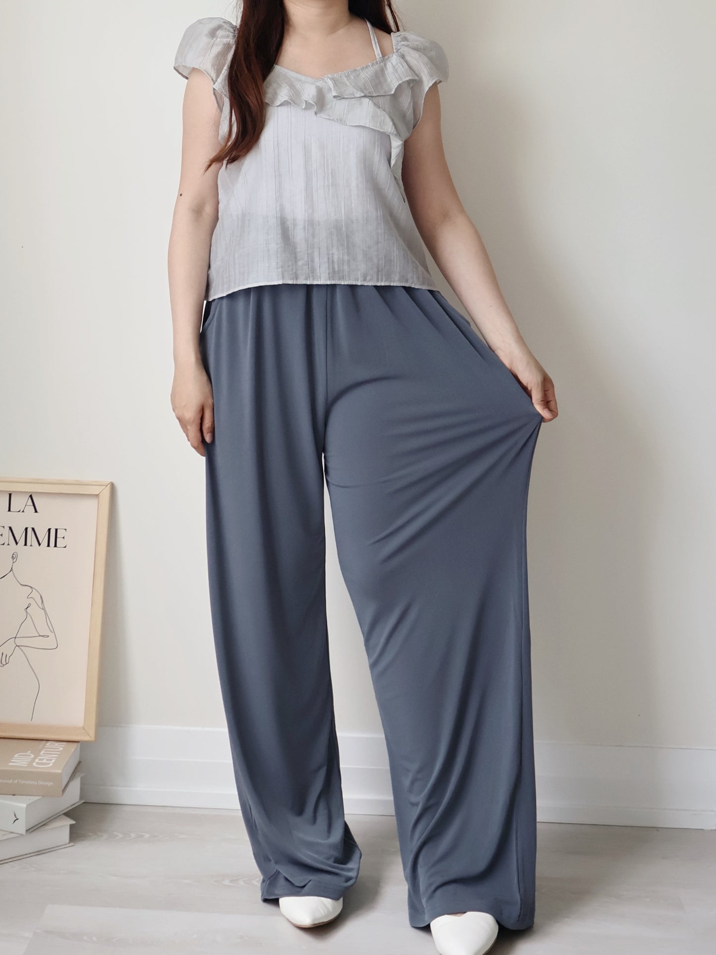 [Wrinkle-Free] Cooling Flowy Dual-Pocket Wide-Leg Pants(Charcoal)