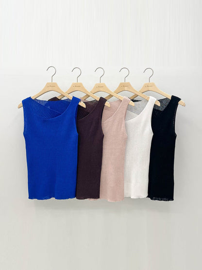 Simple Asymmetric-Neck Linen Knit Tank(5 Colors)