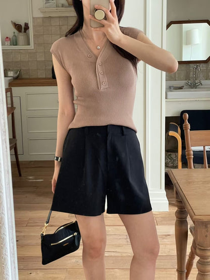V-Neck Buttoned Sleeveless Knit Top(5 colors)