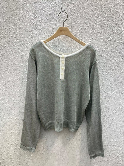 Soft Colour-Block Henley Knit Top(5 colors)