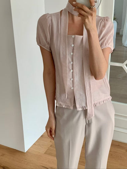 Romantic Square-Neck Buttoned Tencel Blouse(4 Colors)