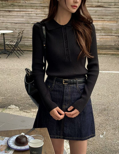 Sophisticated Stretch Polo Rib-Knit Top(4 colors)