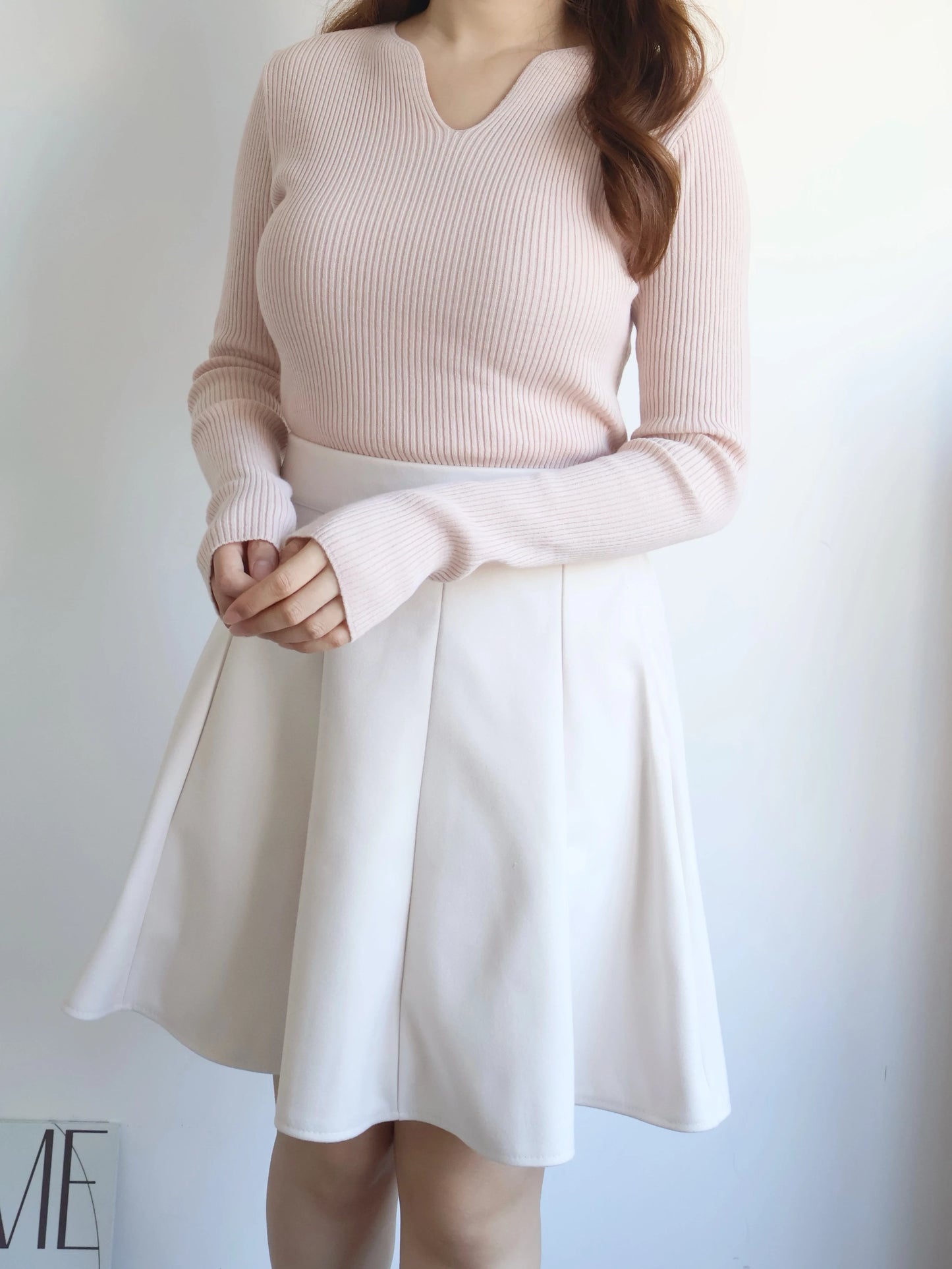 High-Stretch V-Neck Slim Fit Knit Top(Pink)