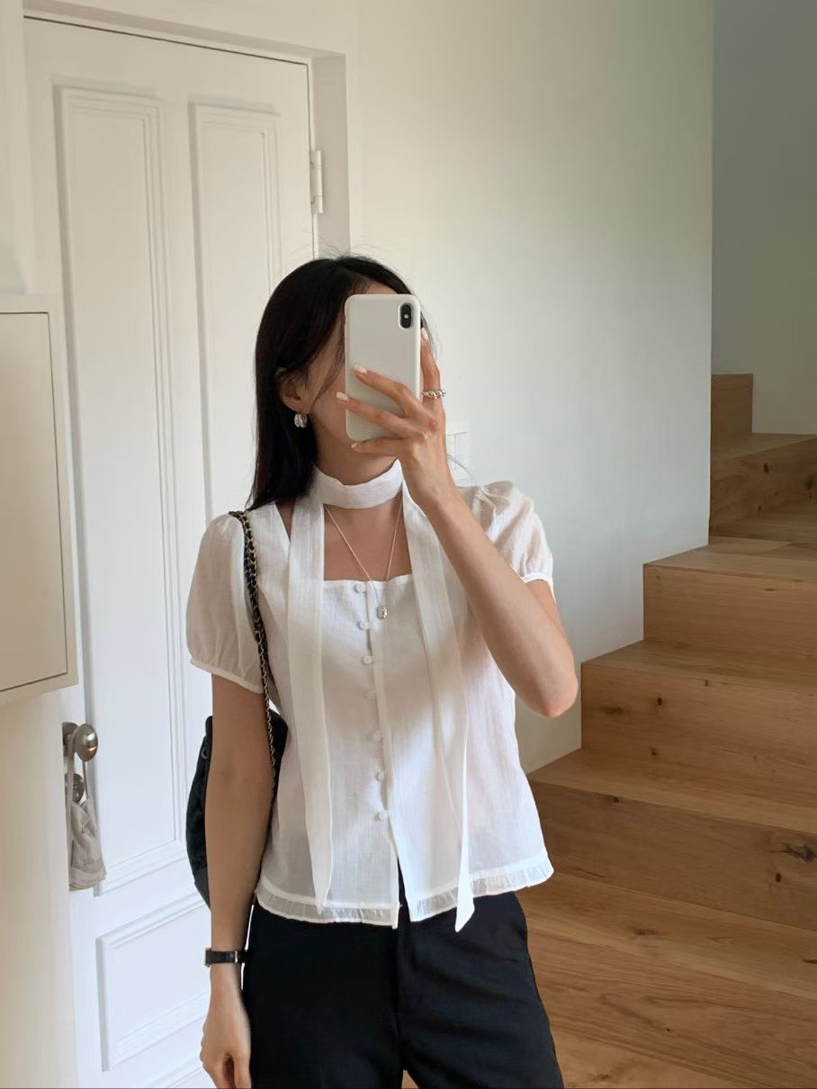 Romantic Square-Neck Buttoned Tencel Blouse(4 Colors)