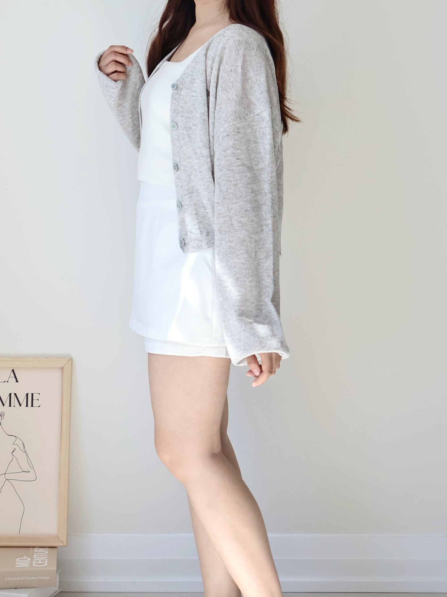 Airy Mélange Linen-Blend Pendant Cardigan(Grey)
