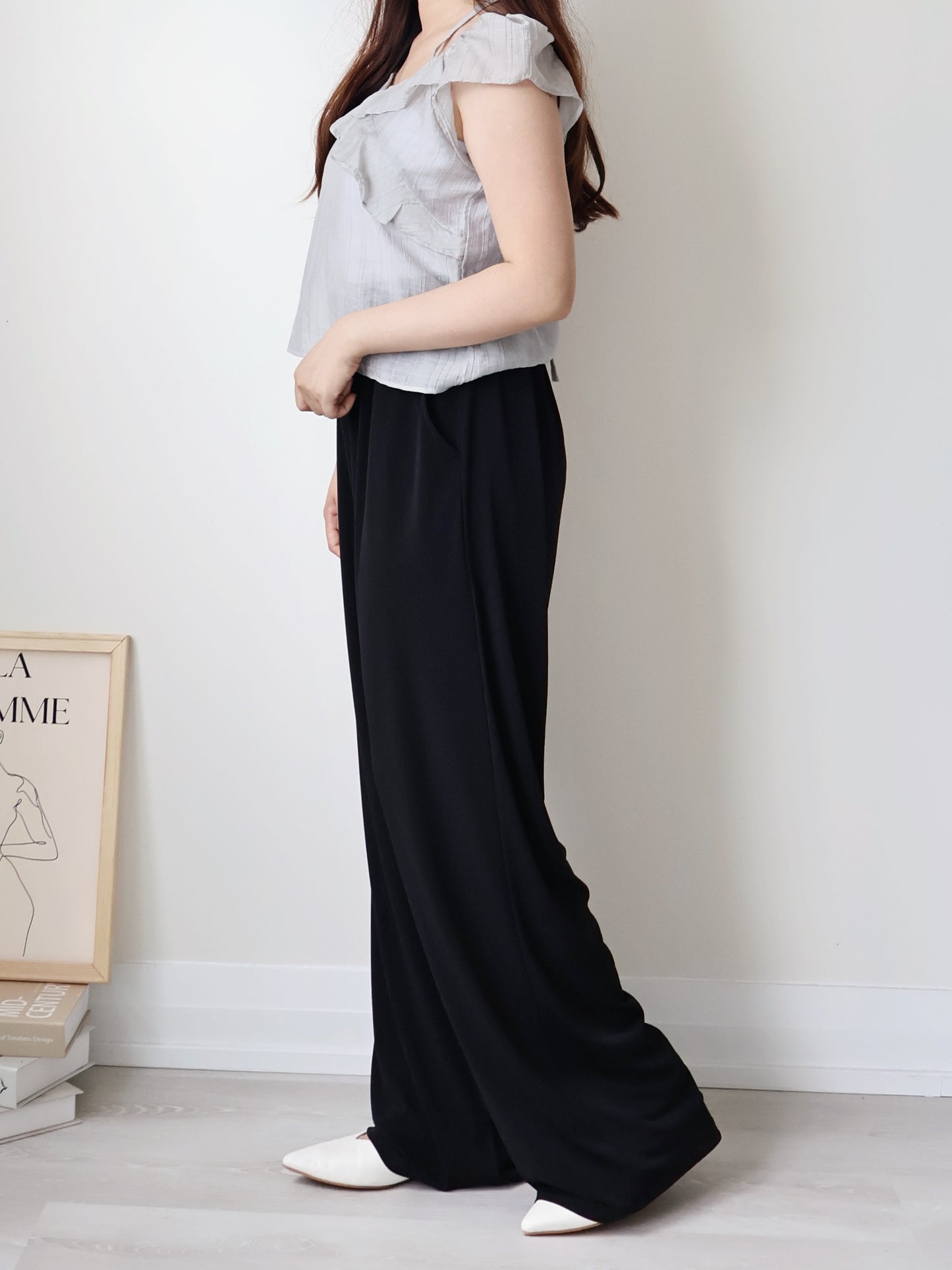 [Wrinkle-Free] Cooling Flowy Dual-Pocket Wide-Leg Pants(Black)