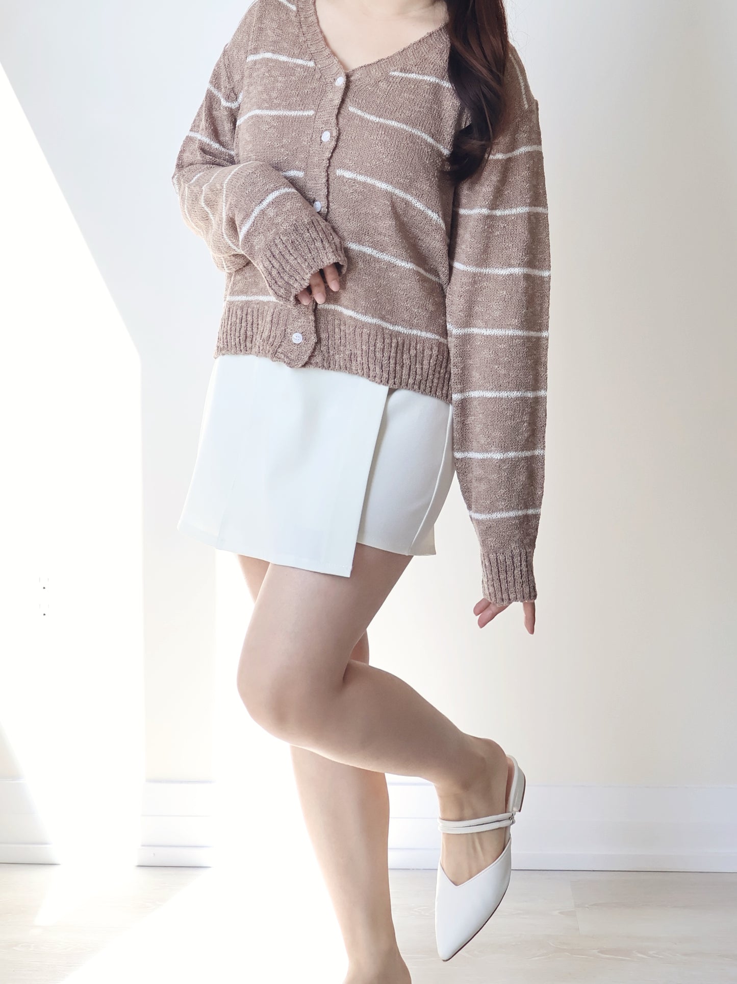 Minimalist Striped Snowy Yarn Cardigan(Brown)