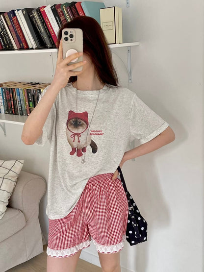 Oversized 50% Cute Cat Graphic Cotton T-Shirt(3 Colors)