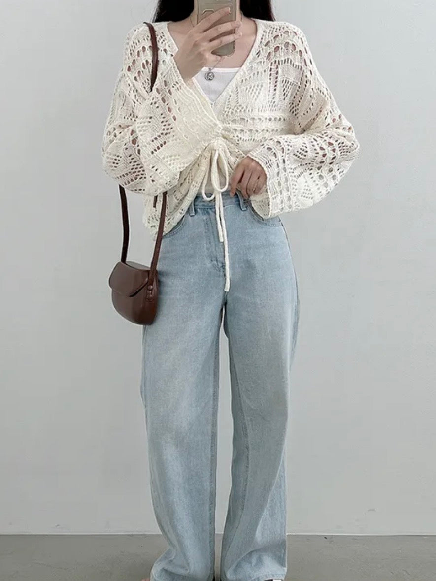 Relaxed V-Neck Drawstring Pointelle Knit Top(5 colors)