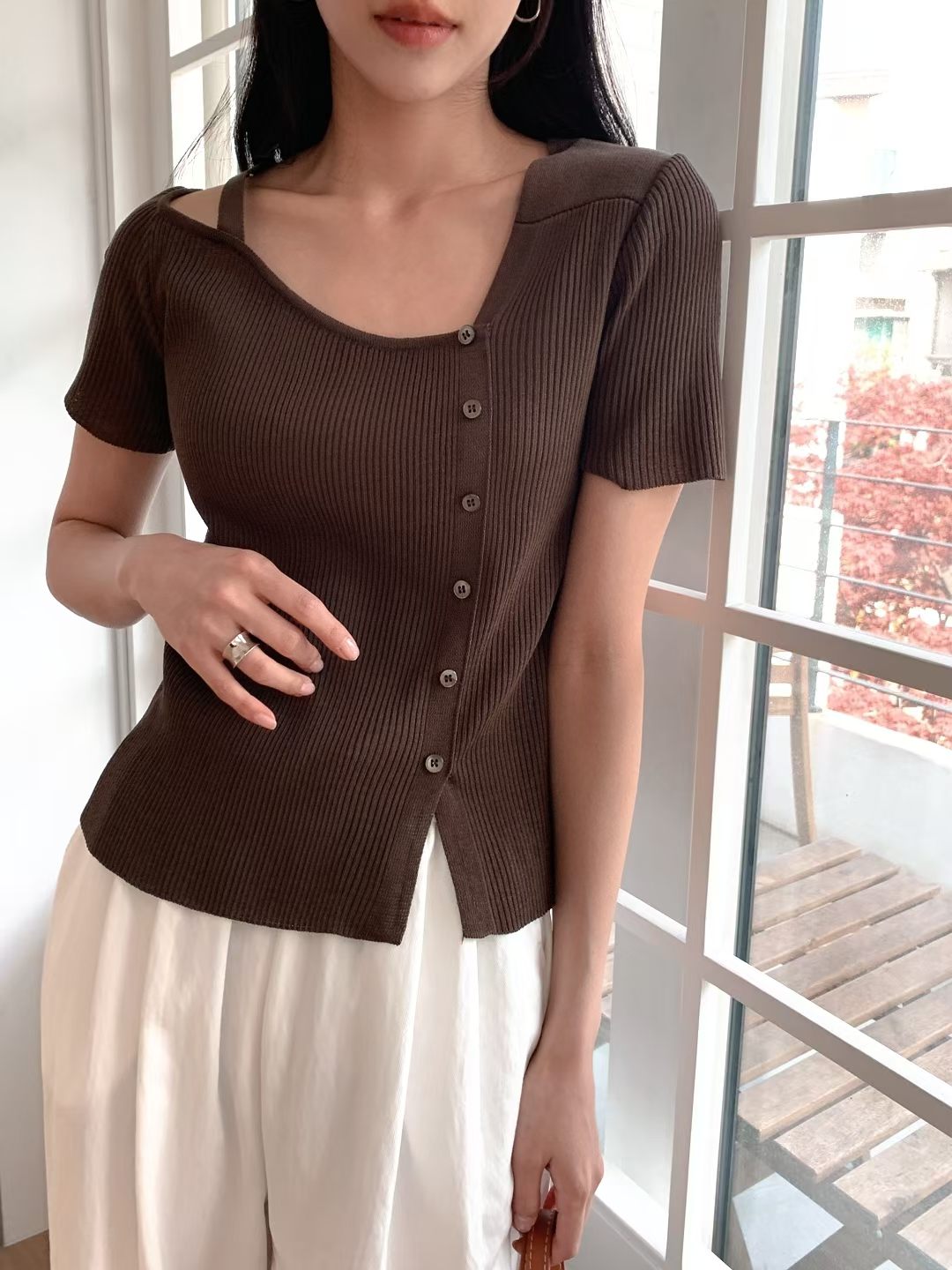 Asymmetric Button-Front One-Shoulder Knit Top(4 Colors)