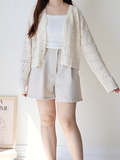 Romance V-Neck Eyelet Knit Cardigan(Beige)